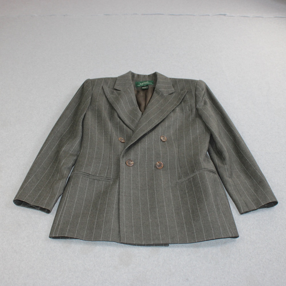 Lauren Ralph Wool Blazer Women 4 Gray Pinstripe Double Breasted Office Heritage